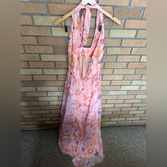 Amanda Uprichard Estella Maxi Dress Pink Tie Back Butterfly Ruffled Gown Size L - Picture 4 of 6